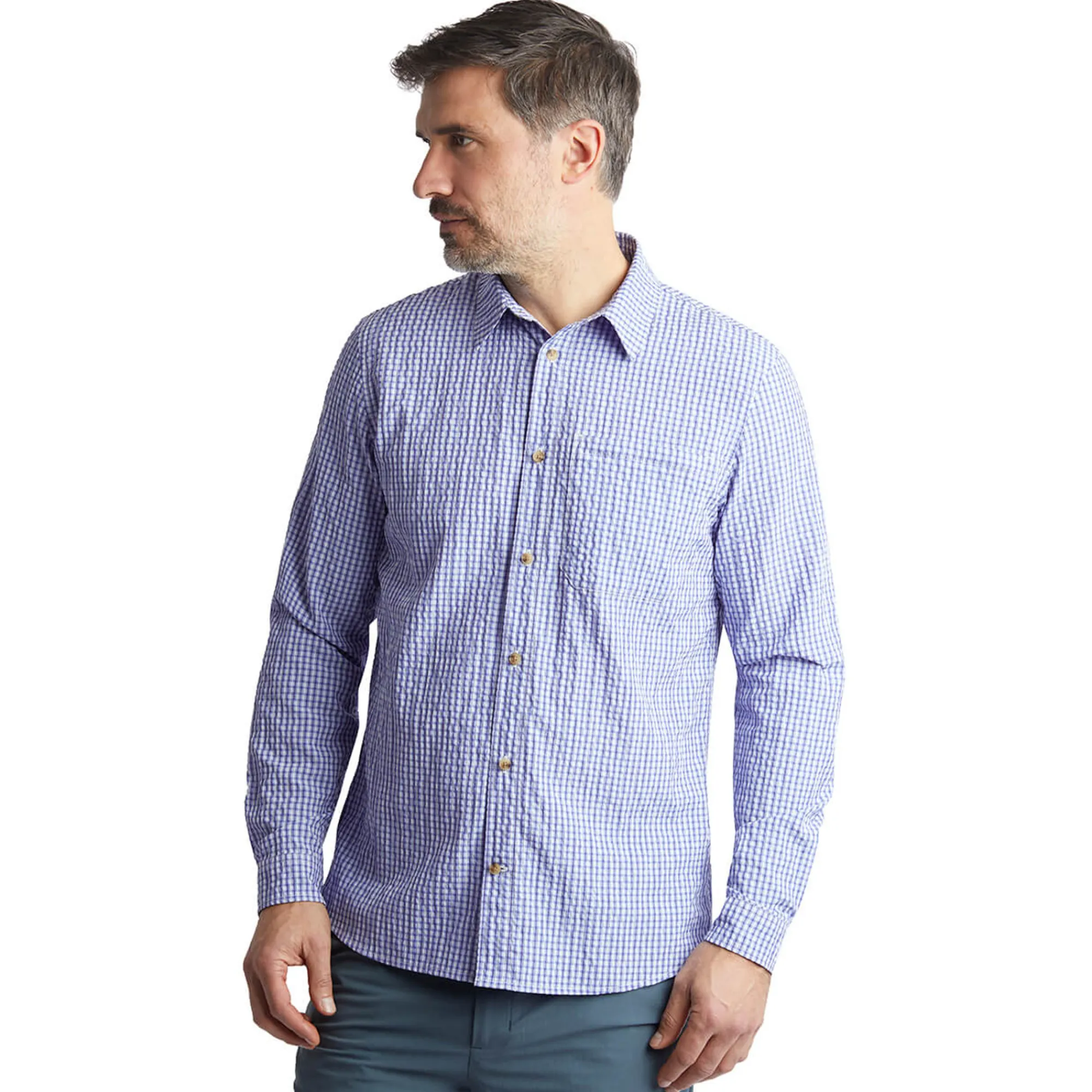 Men Rohan Men'S Isle Long Sleeve Shirt Eclipse Blue Gingham