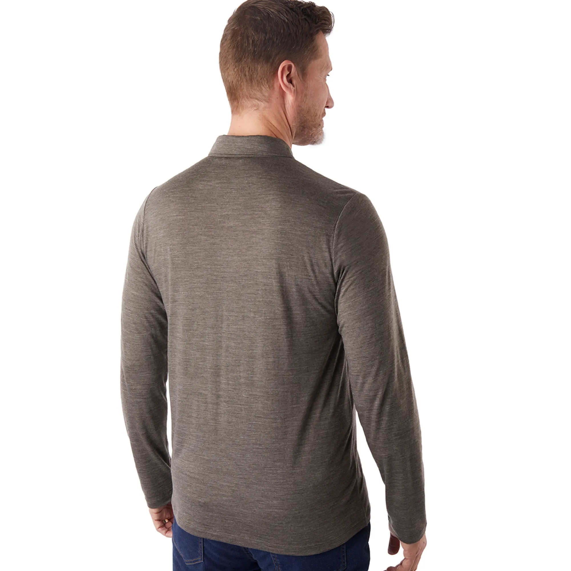 Men Rohan Men'S Merino Cool Long Sleeve Polo Dark Olive Brown Marl