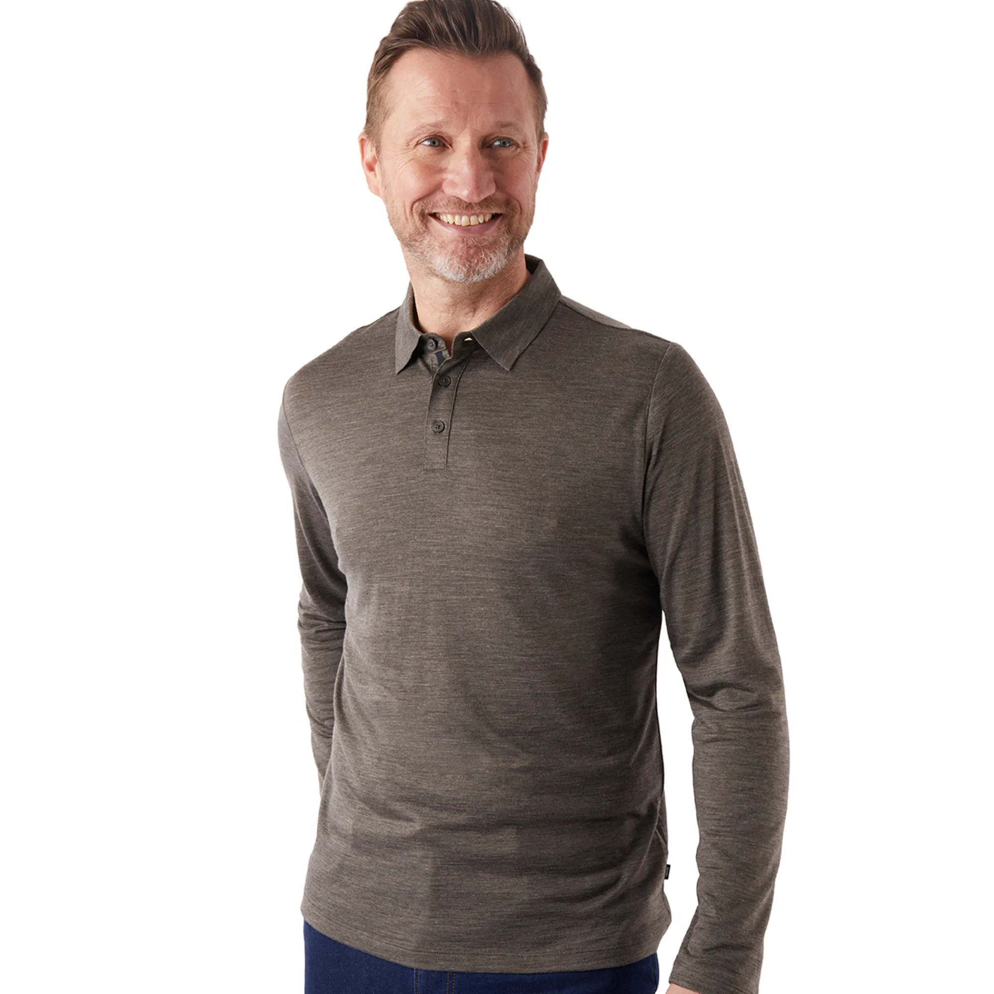 Men Rohan Men'S Merino Cool Long Sleeve Polo Dark Olive Brown Marl