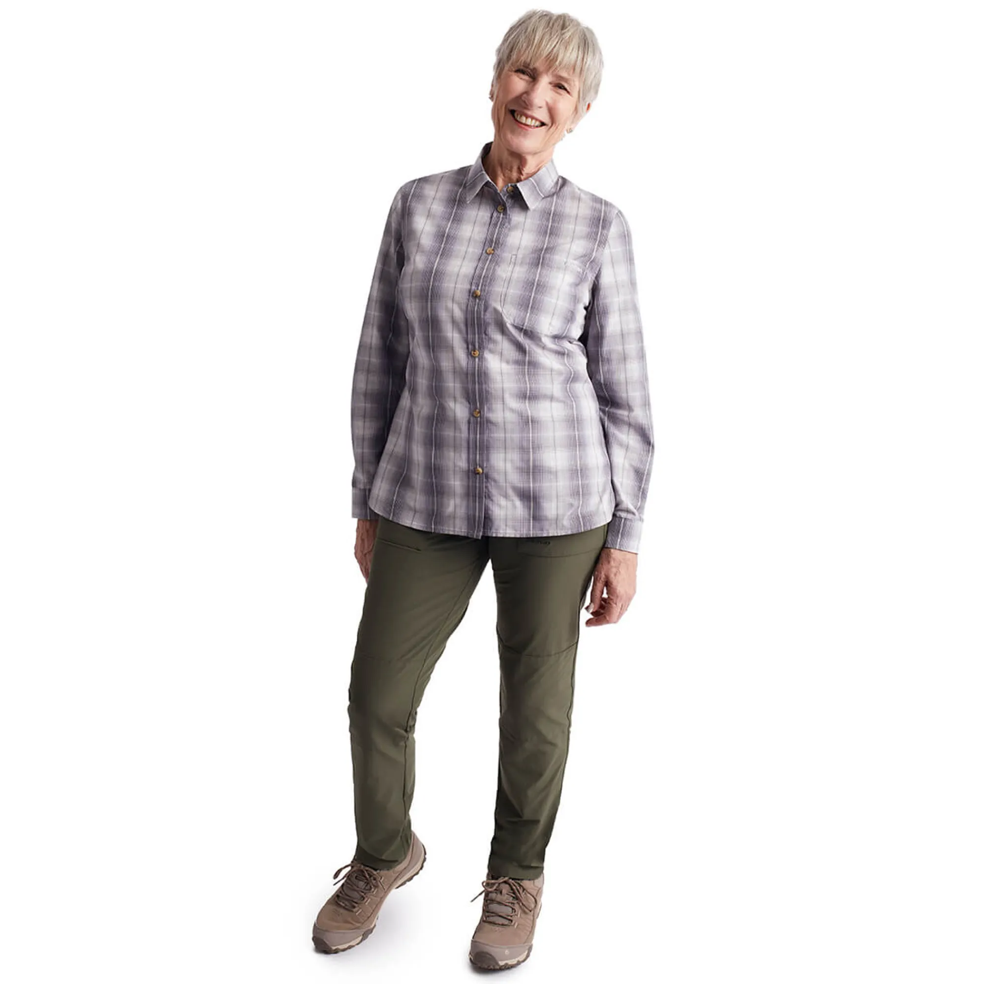 Women Rohan Women'S Coast Long Sleeve Shirt Mauve Grey/Orchid Check