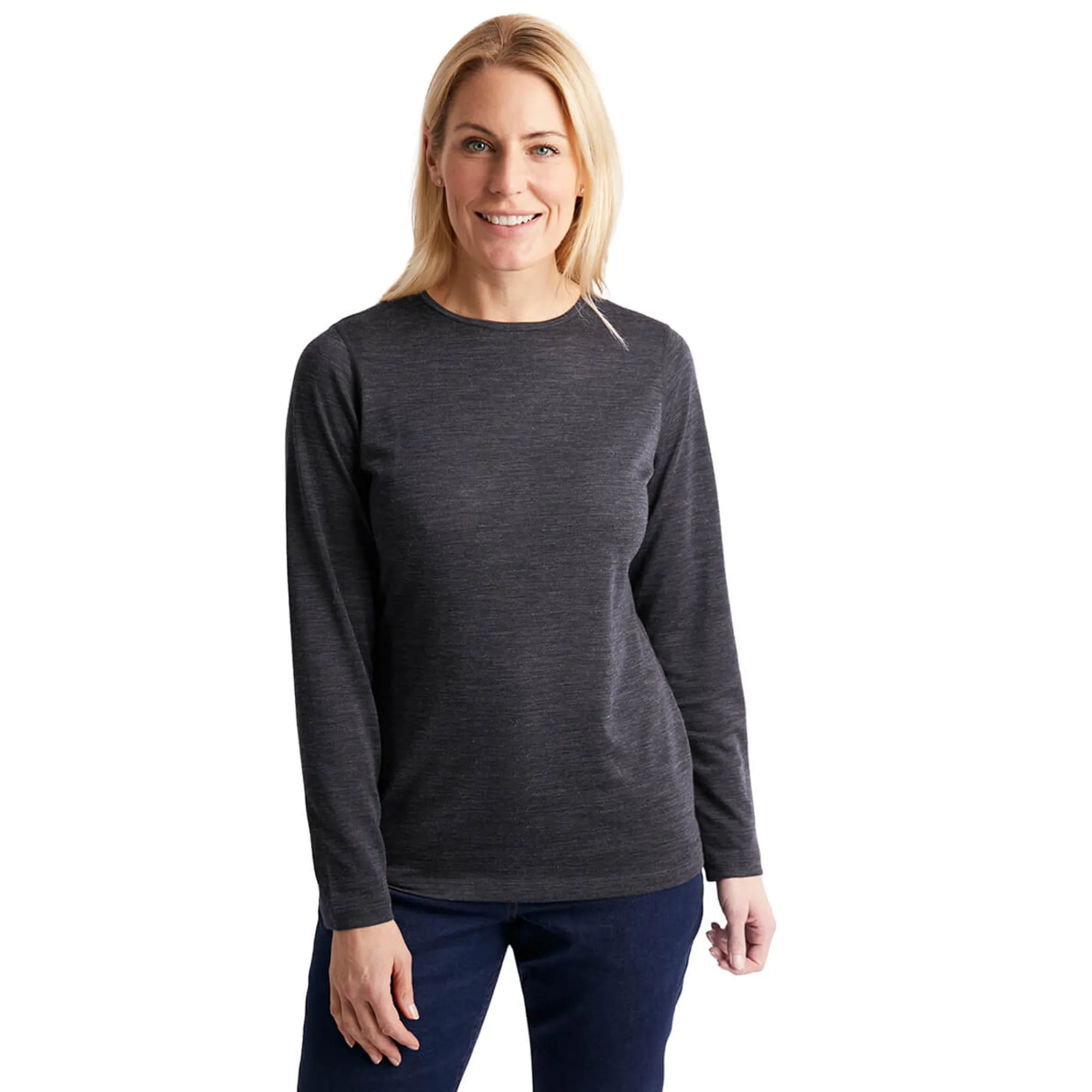 Women Rohan Women'S Merino Union 150 Long Sleeve Crew Dark Charcoal Marl