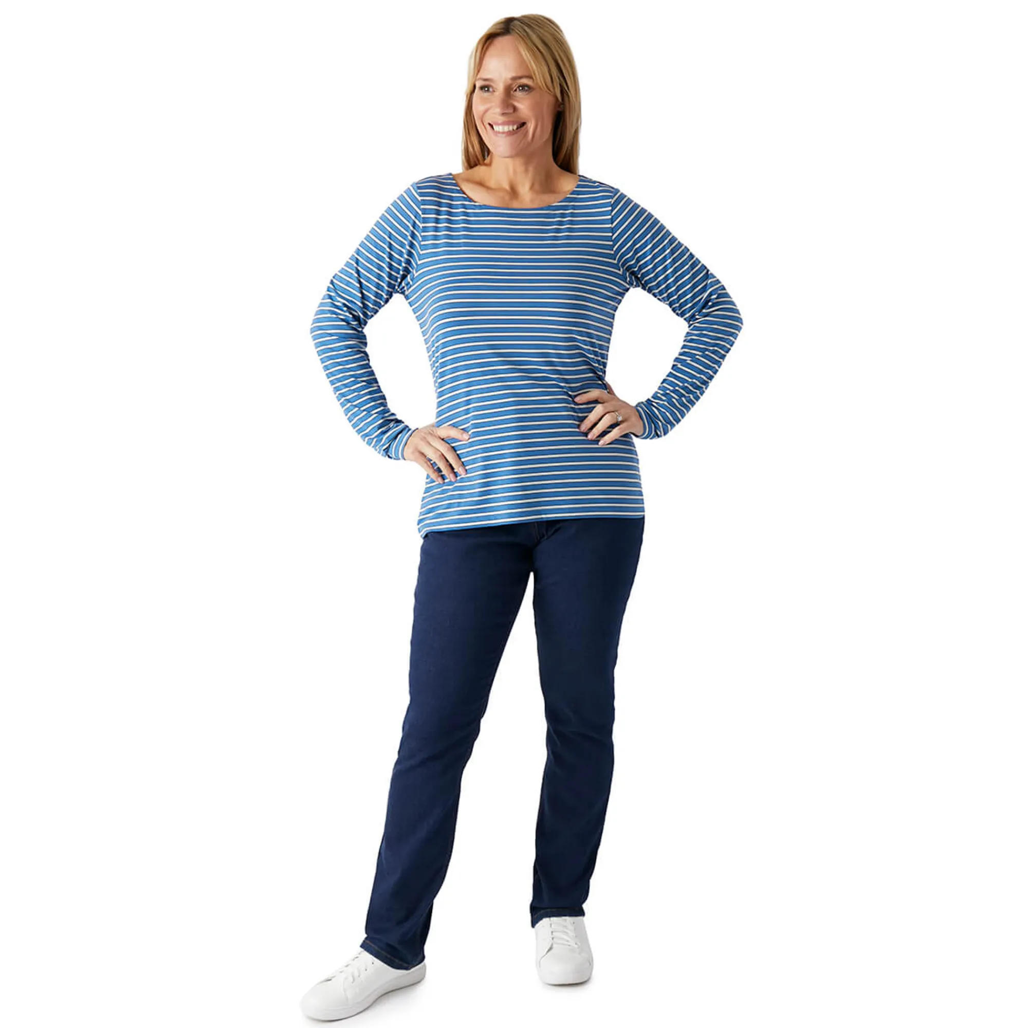 Women Rohan Women'S Shoreline Long Sleeve Top Zephyr Blue/French Blue Stripe