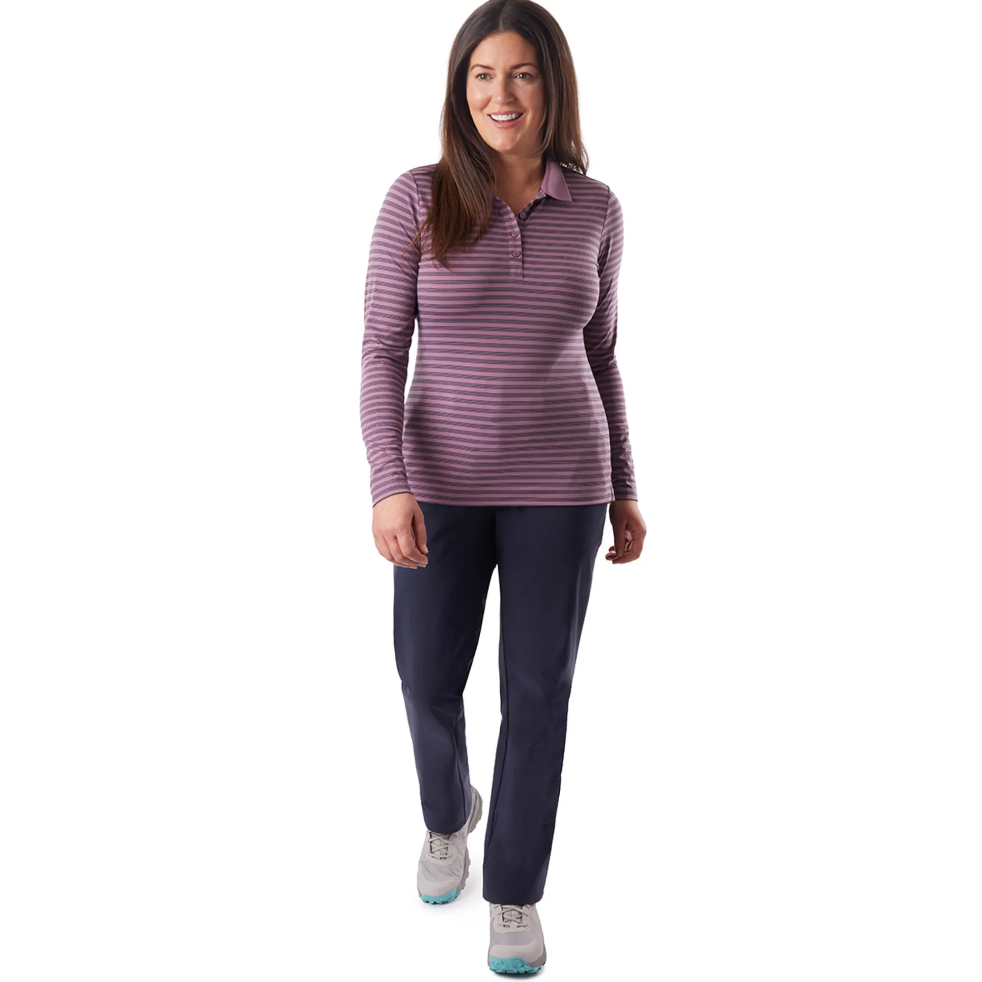 Women Rohan Women'S Shoreline Long Sleeve Polo Haze Purple/Navy Stripe