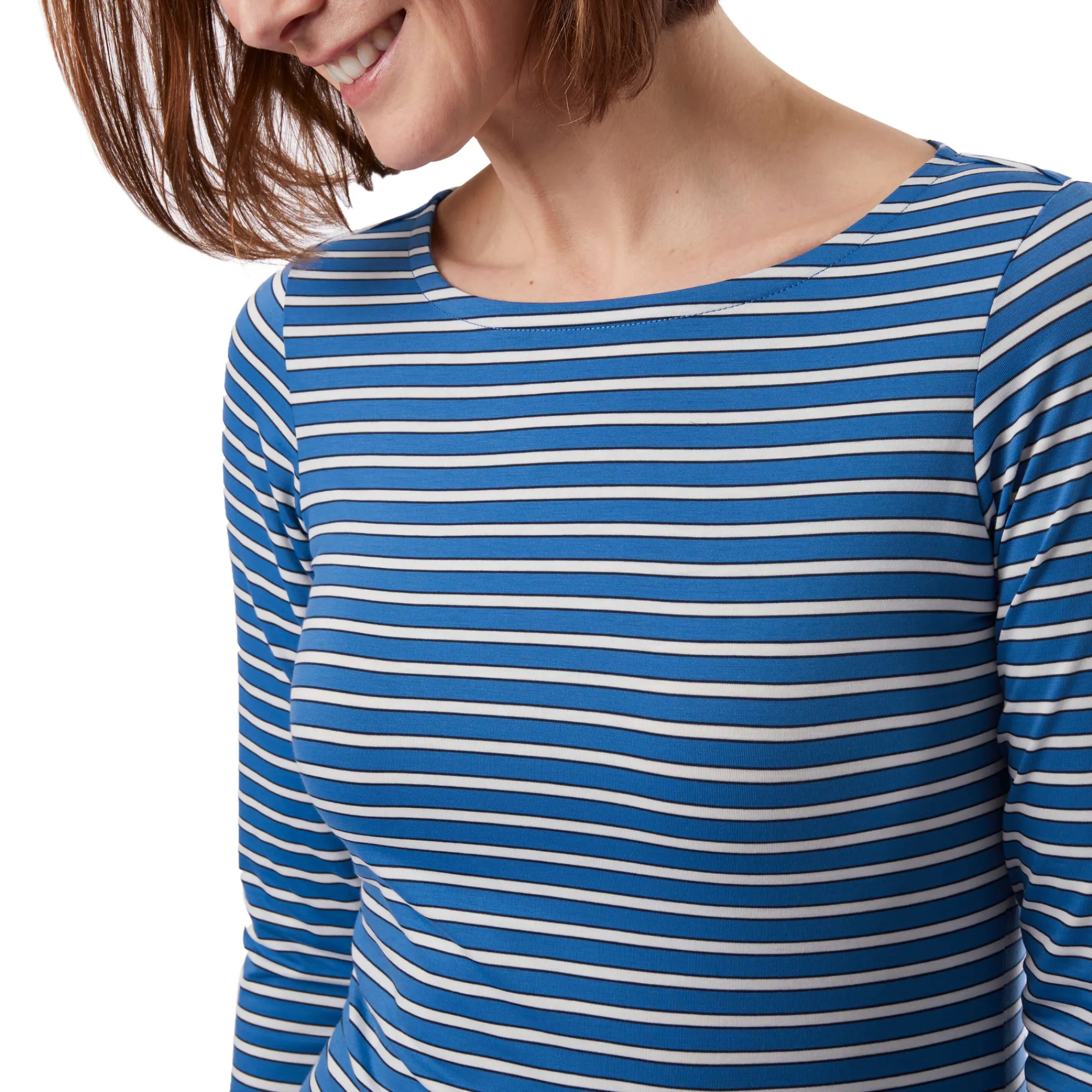 Women Rohan Women'S Shoreline Long Sleeve Top Zephyr Blue/French Blue Stripe