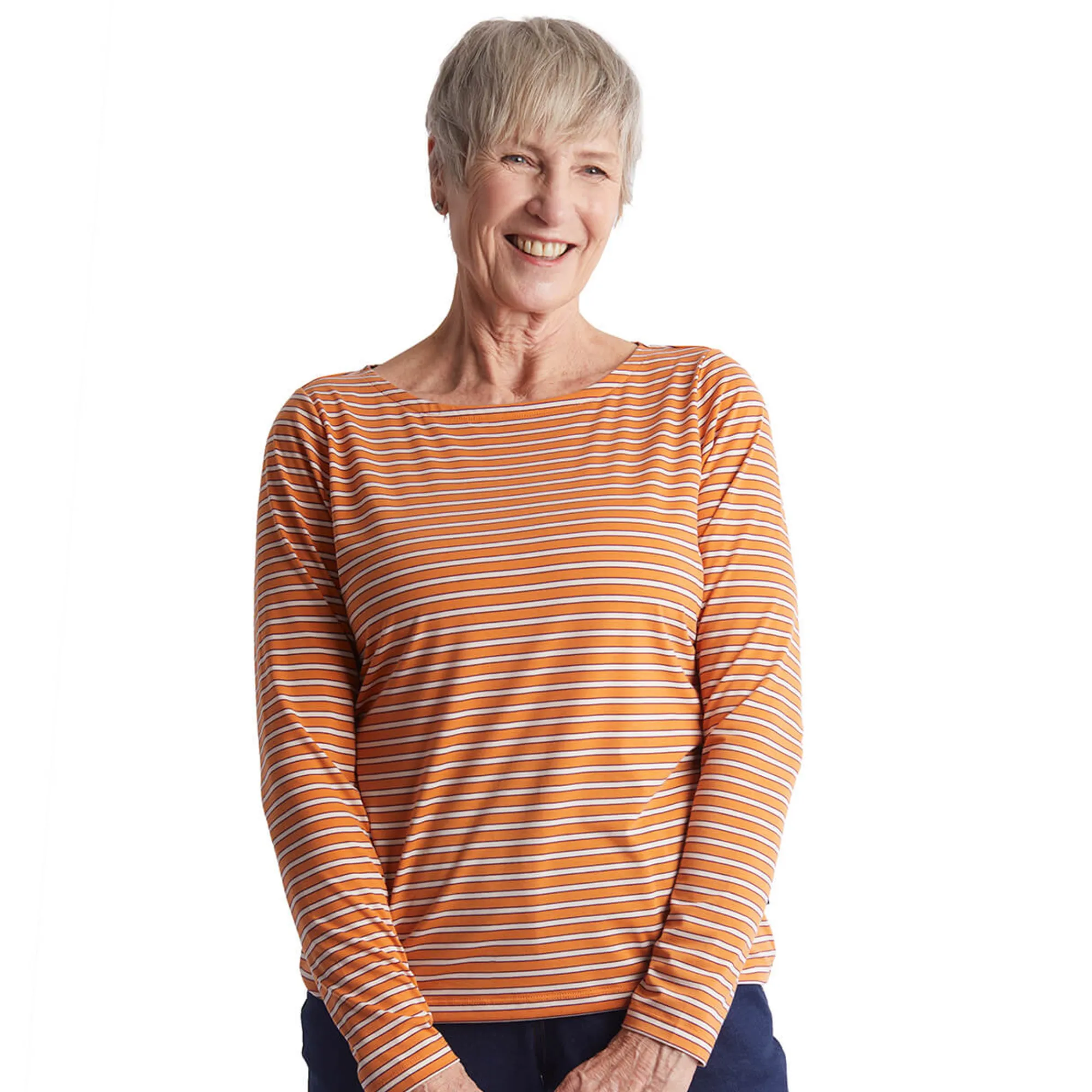 Women Rohan Women'S Shoreline Long Sleeve Top Sunset Orange/Ecru Stripe