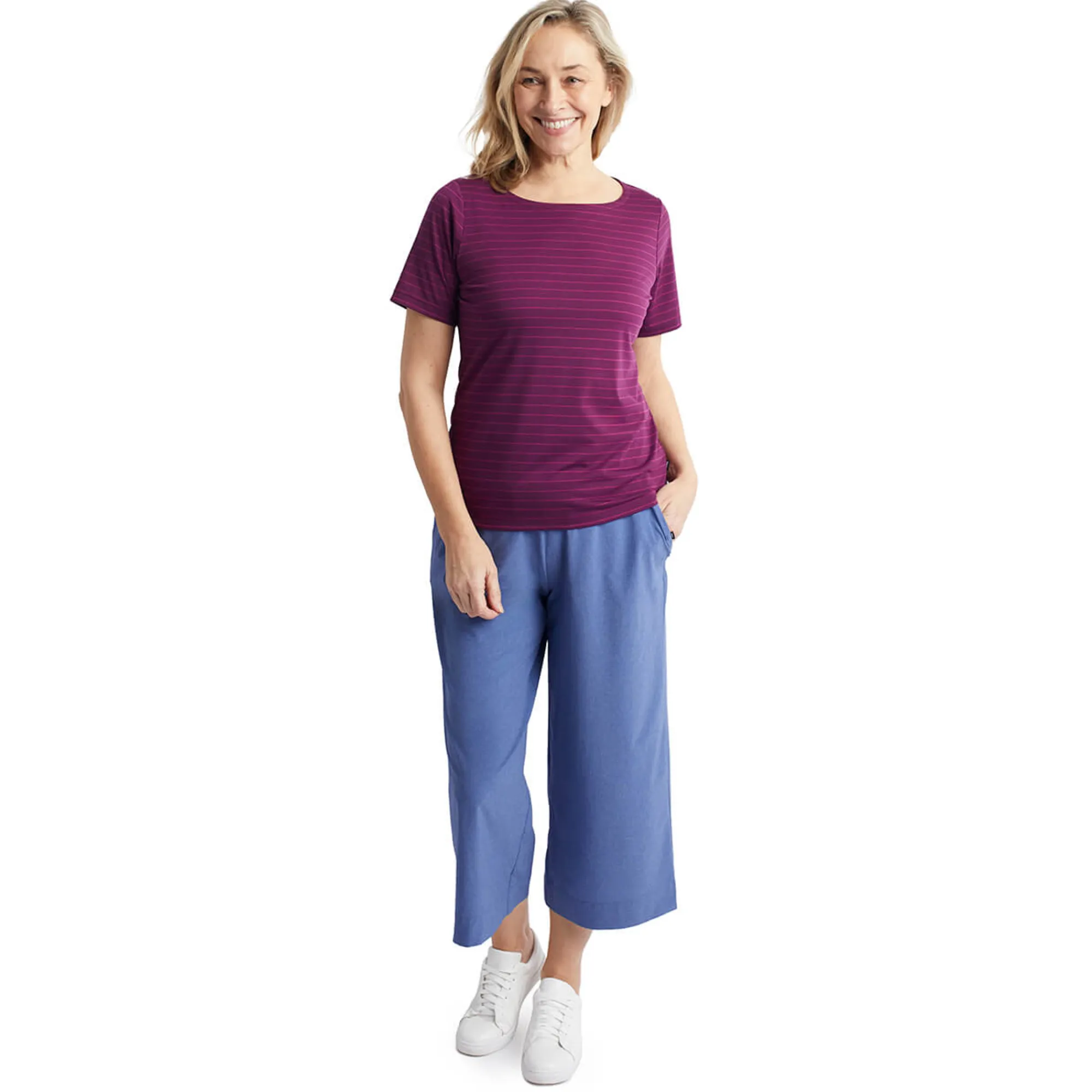 Women Rohan Women'S Shoreline Short Sleeve Top Plum Purple/Pink Stripe
