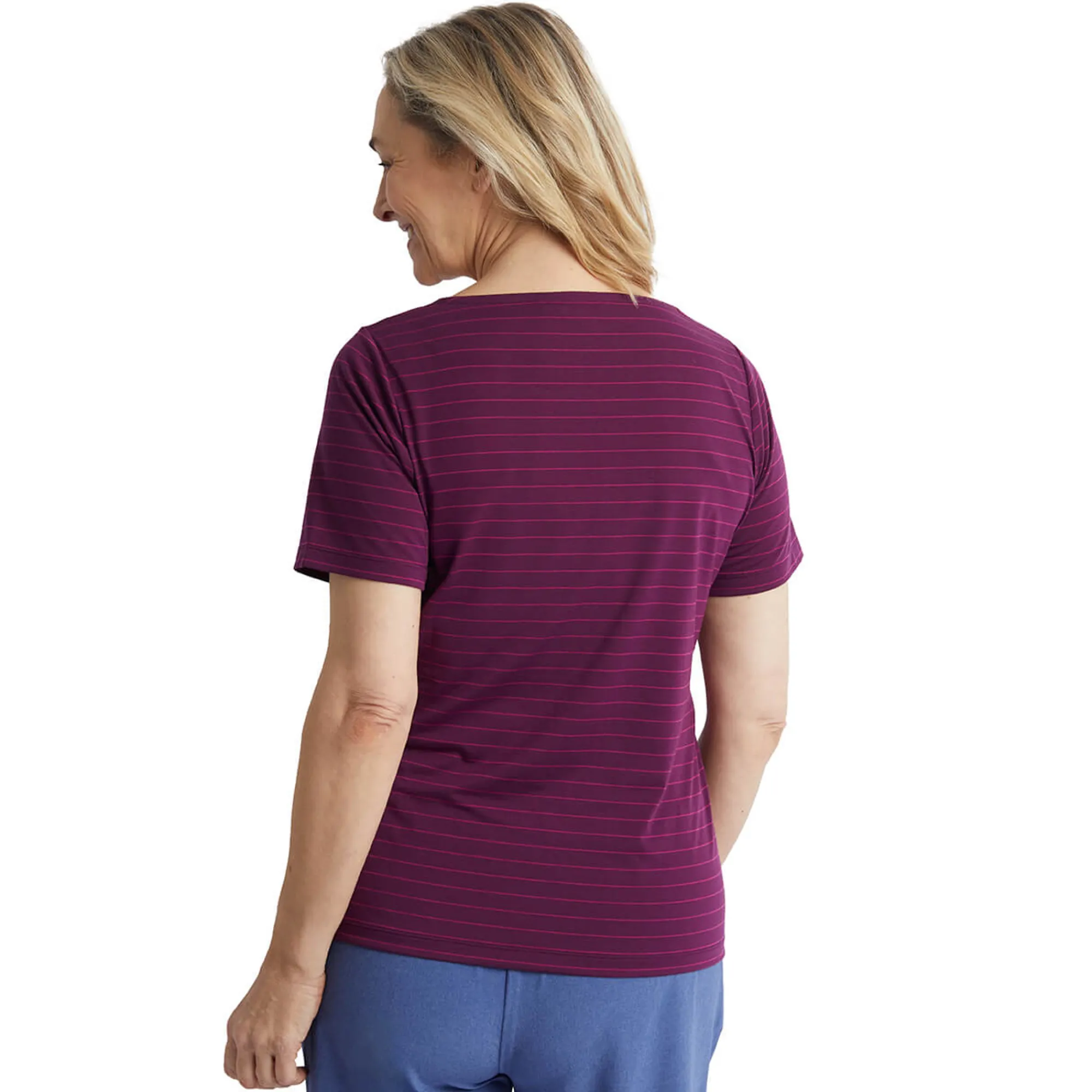 Women Rohan Women'S Shoreline Short Sleeve Top Plum Purple/Pink Stripe