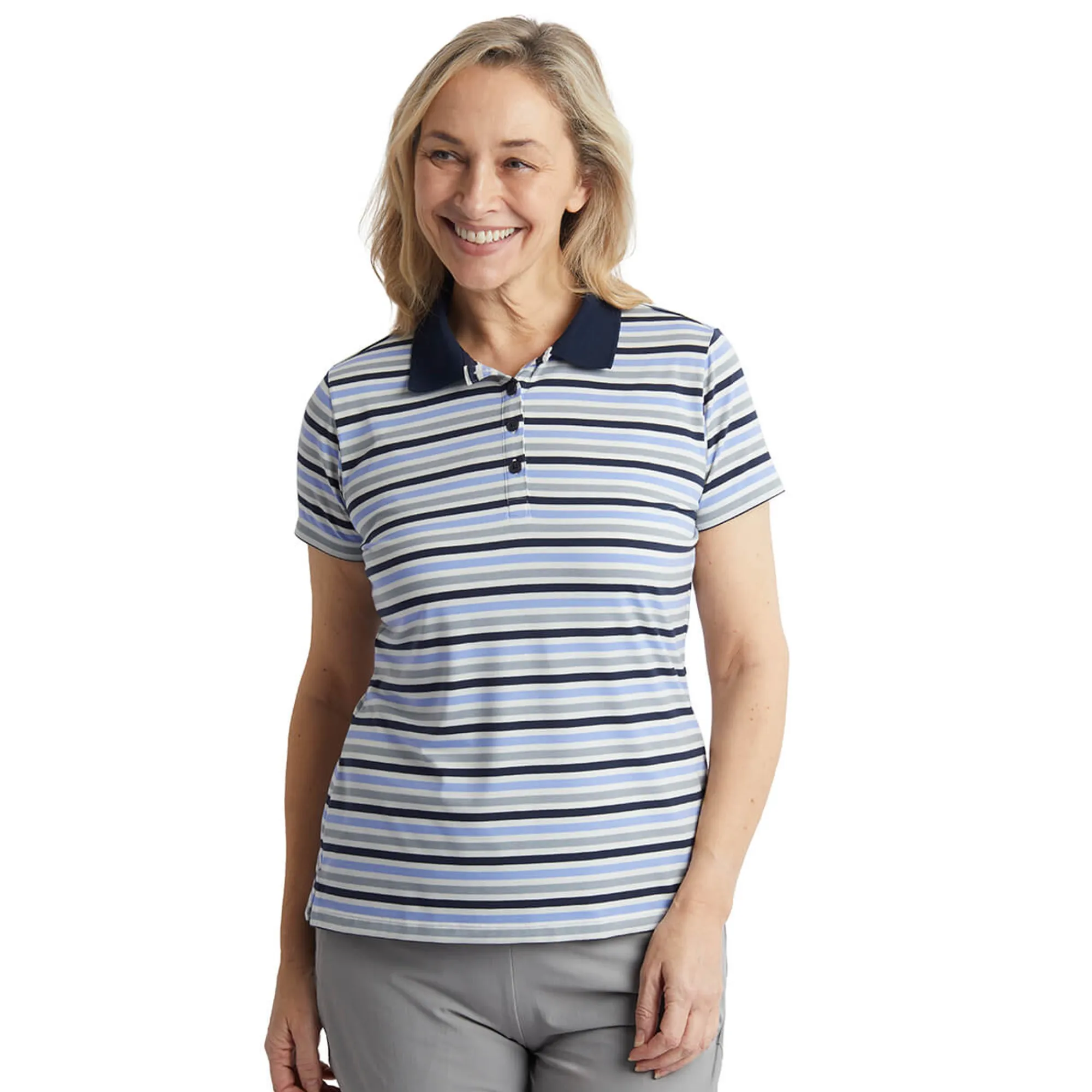 Women Rohan Women'S Shoreline Short Sleeve Polo Orchid Lilac/Grey Stripe