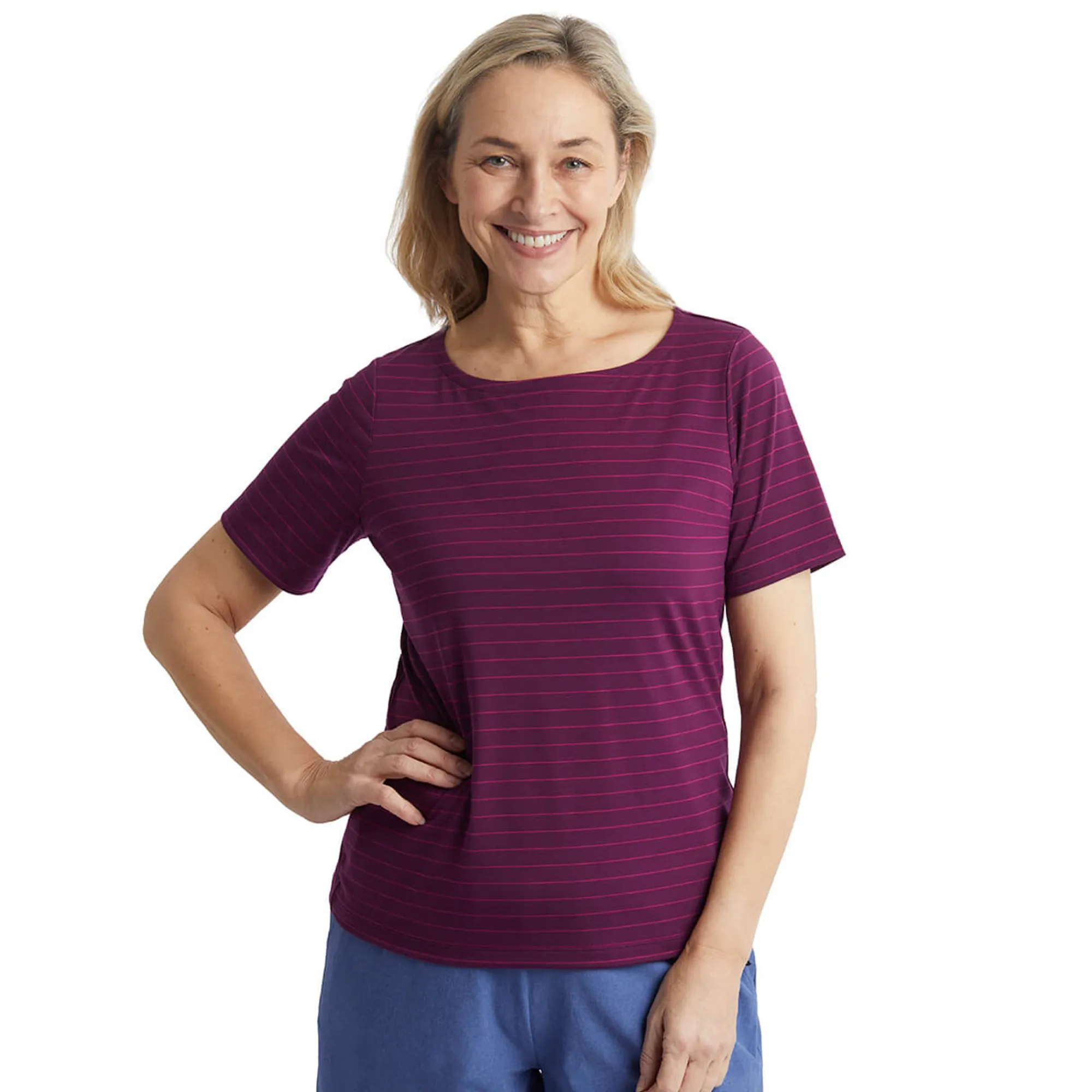 Women Rohan Women'S Shoreline Short Sleeve Top Plum Purple/Pink Stripe